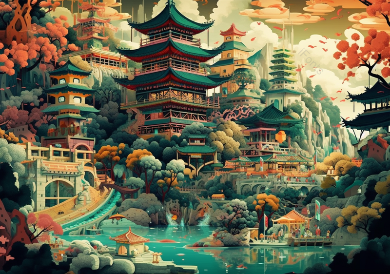 国潮古建筑祥云背景插画承德避暑山庄园林假山林木湖泊,插画/手绘图,插画/手绘图库,插画/手绘图下载,插画/手绘